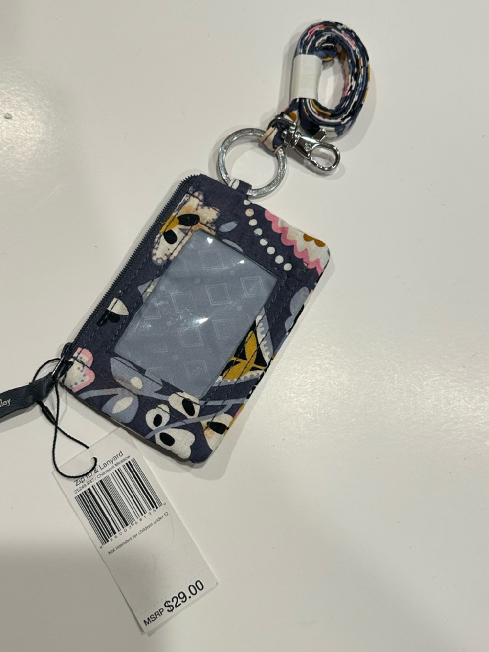 Vera Bradley Navy Floral ID Card Lanyard Wallet with Pink & Yellow Accents